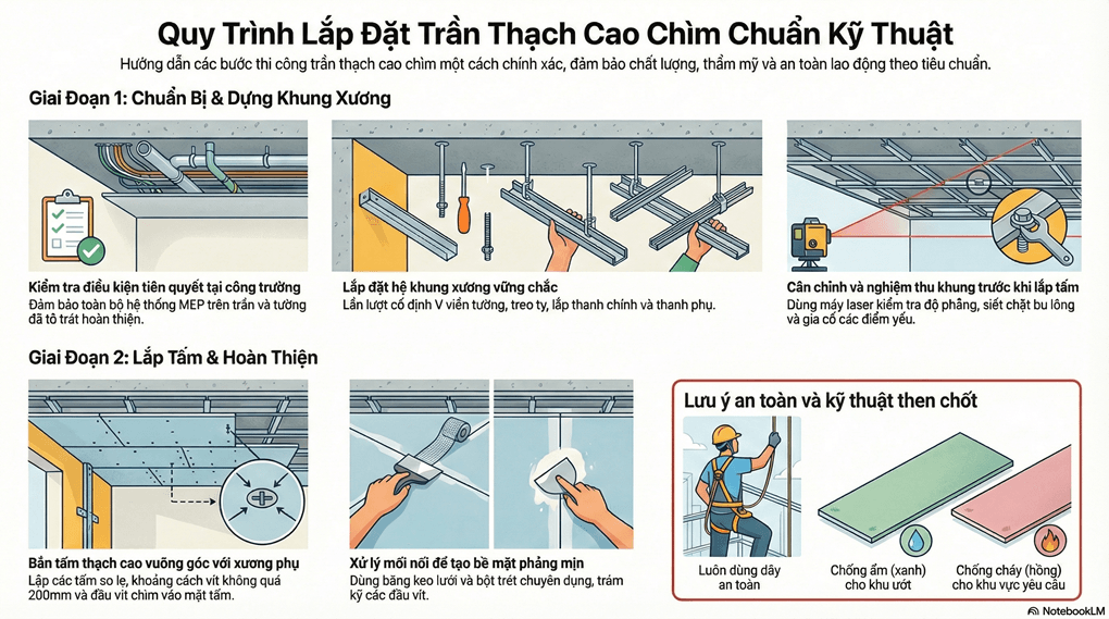 Quy trình thi công trần thạch cao khung xương chìm