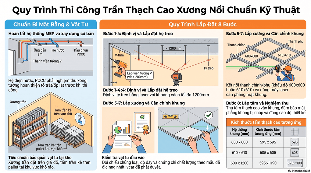 Quy trình thi công trần thạch cao khung xương nổi